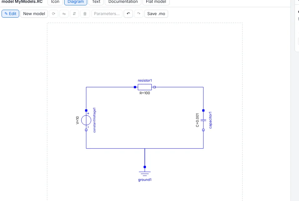 An RC circuit built in the editor
