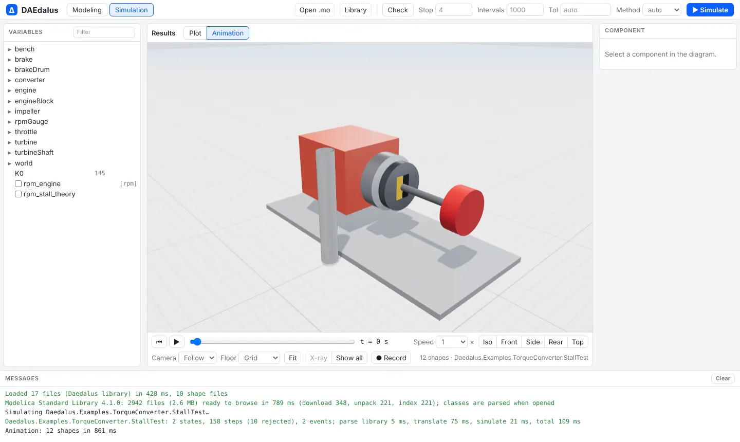 TorqueConverter.StallTest animated: engine, converter, held turbine and brake
