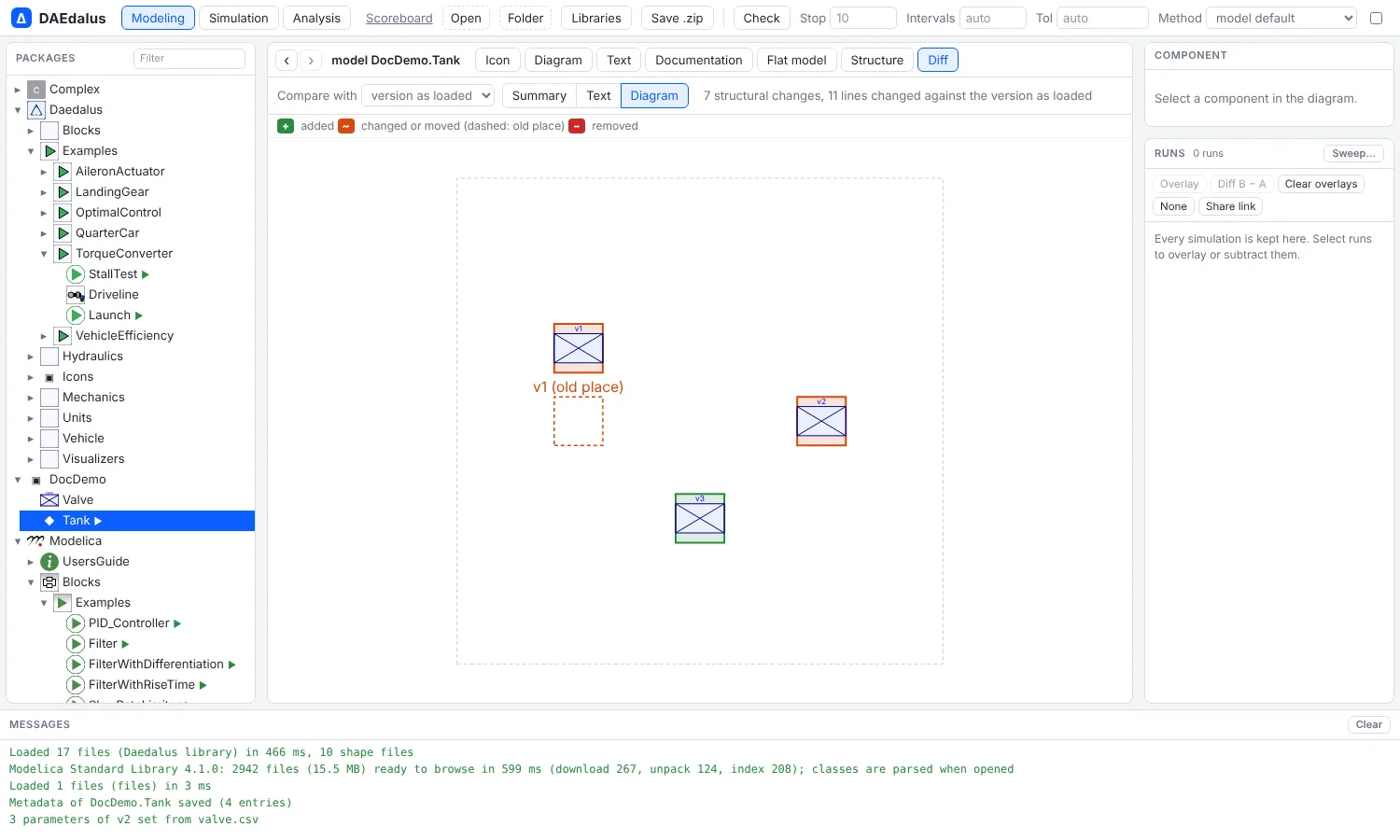 Diff in the diagram: a changed component, a moved one with its old place dashed, and an added one