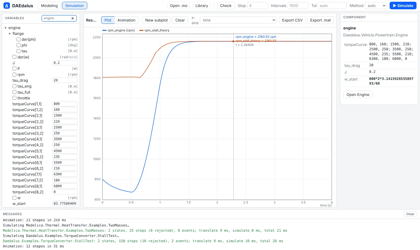 The variable browser filtered to engine, next to the StallTest animation